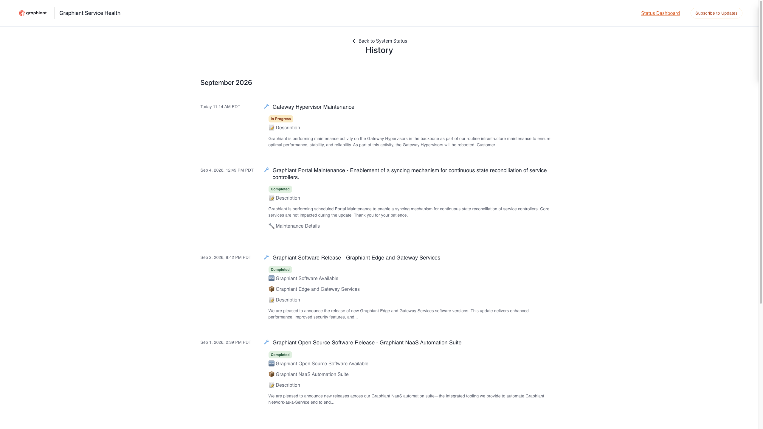 Graphiant service health history for September 2026, showing maintenance and release updates.